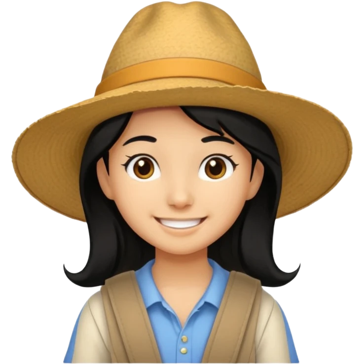 tourist kid with big hat and black hair emoji