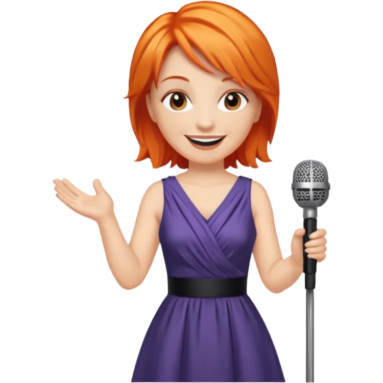singer, Middle age, orange hair, happy, holding mic, wearing dress emoji