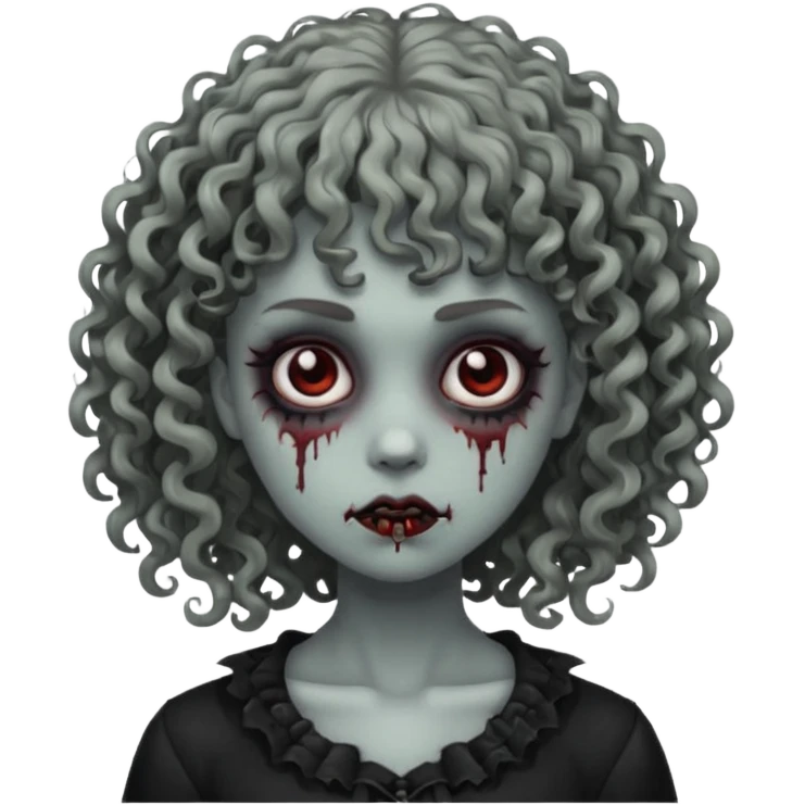 Faça um emoji de zumbi mulher, cabelo cacheado e franja cacheada, deixe ele com a estética meio gothic emoji
