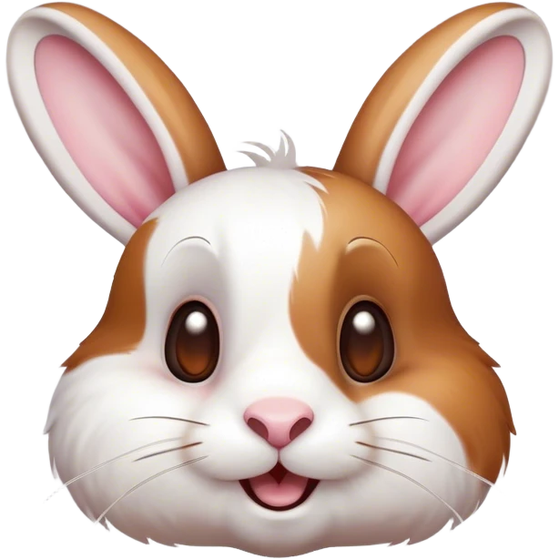 Cinematic Comical White and Brown Rabbit Portrait Emoji, Head tilted dramatically with an exaggeratedly amused expression, featuring a striking fur with a playful mix of white and brown patches, wide, expressive eyes filled with playful disbelief, Simplified yet hilariously expressive features, highly detailed, glowing with a slightly sassy glow, high shine, dramatic yet playful, stylized with an air of cheeky mischief, bright and endearing, soft glowing outline, capturing the essence of a spirited and over-the-top bunny, so meme-worthy it feels like it could side-eye its way into internet fame instantly! emoji