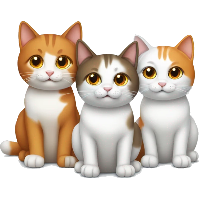 Three cats sitting together one brown, one fully white, one orange and white emoji