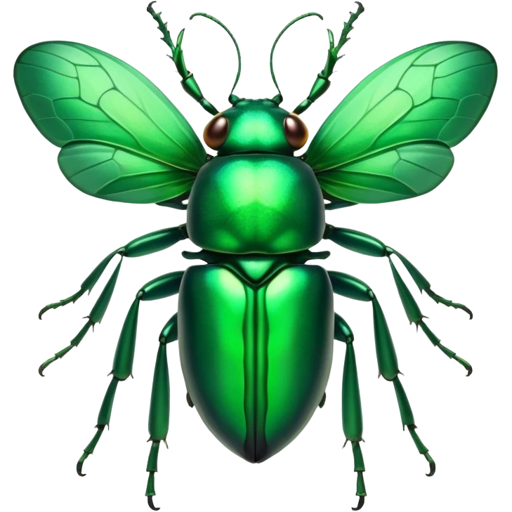 Cinematic Noble Green Bugdie Portrait Emoji, Poised and regal, with a tiny, delicate build and a vibrant, well-detailed emerald exoskeleton, deep-set soulful multifaceted eyes, Simplified yet sharp and sophisticated features, highly detailed, glowing with a soft, dignified glow, high shine, intelligent and alert, stylized with an air of miniature majesty, focused and attentive, soft glowing outline, capturing the essence of a watchful and confident insect, so majestic it feels as though it could scuttle out of the screen with effortless authority! emoji