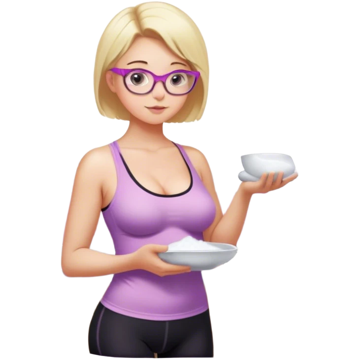 Thick fair skinned woman, short blond hair, small light purple reading glasses, washing dishes, sheer pink tank top, showing natural B cup breast shape SFW, black yoga pants, thick booty emoji