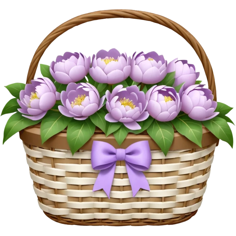 White Picnic basket with lilac bow and white peonies inside emoji