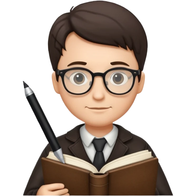 writer holding big pen and book, wearing glasses , zoom out emoji