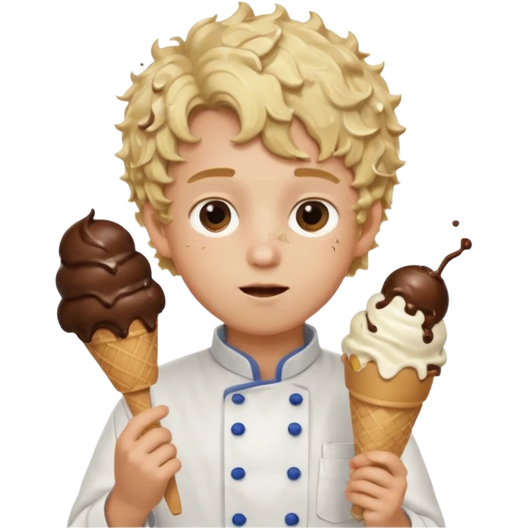 boy blonde curly hair, chef, eating big chocolate ice cream emoji