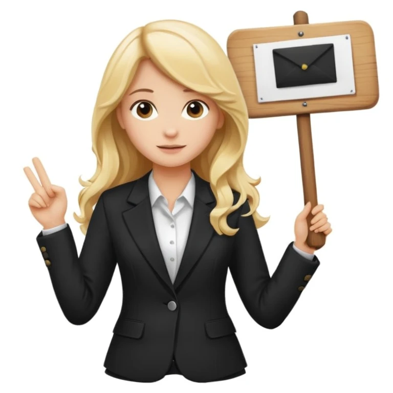 Blonde long wavy hair girl with black office blazer holding a wooden board with a sign 10/10 emoji