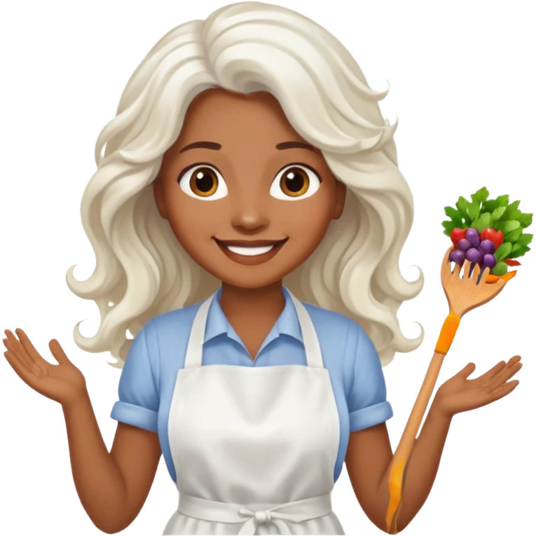 woman, brown skin, white long wavy hair, with apron emoji