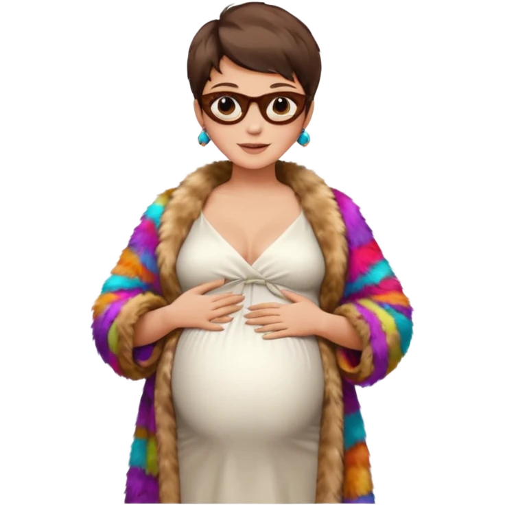 pregnant stylish woman with short pixie brunette hair happily touching her big belly while wearing white dress and fancy brown fur coat and colorful shades emoji
