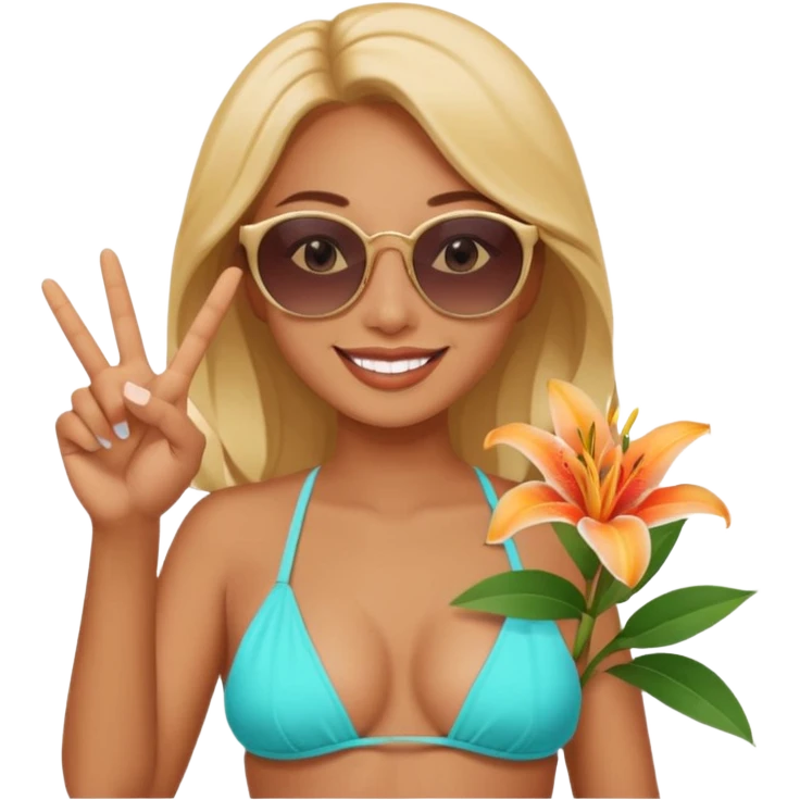 Relaxed sexy woman smiling holding lilies posing in shades  and flashing peace sign  hand emoji