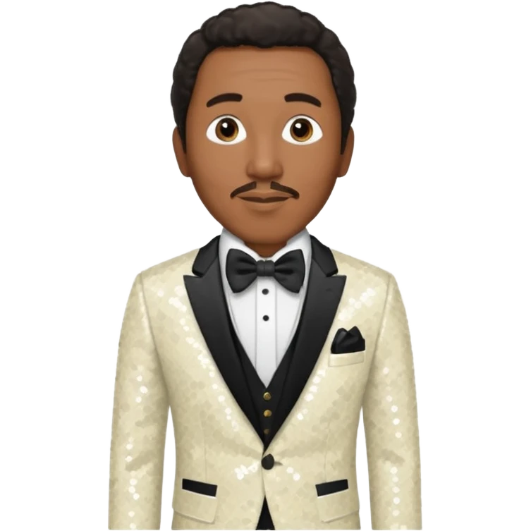 Smokey Robinson with long dark brown hair and short mustache, ivory sequin suit with bow tie  emoji