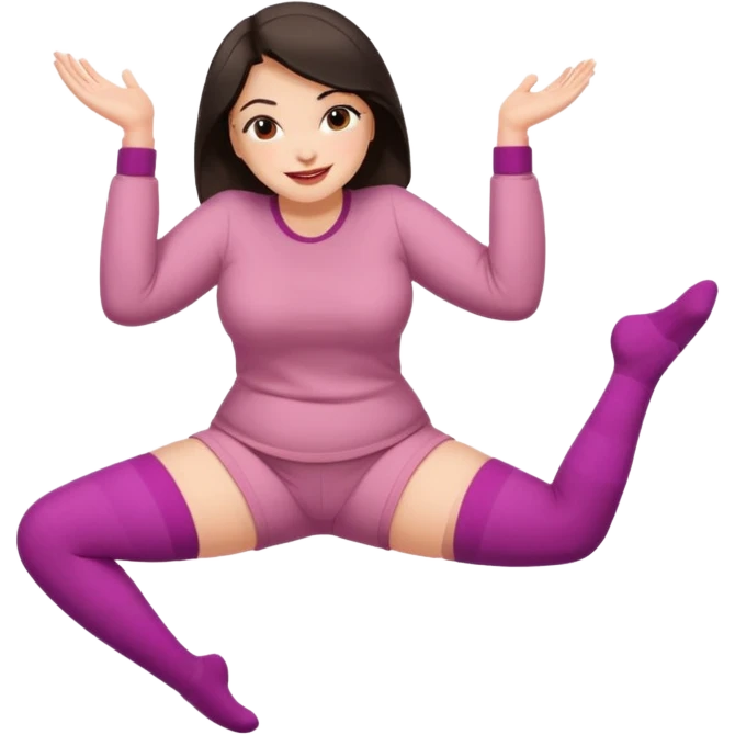 Cute curvy woman dark hair brown eyes big ass big chest skin coloured clothes socks legs up sole facing camera blushing face lip stick smile nervous close up of fewt emoji