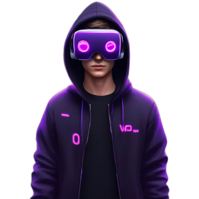 Russian young man wearing a black hoodie with "OMG" letters on it and VR headset in a cyberpunk VR environment with violet neon lighting. emoji