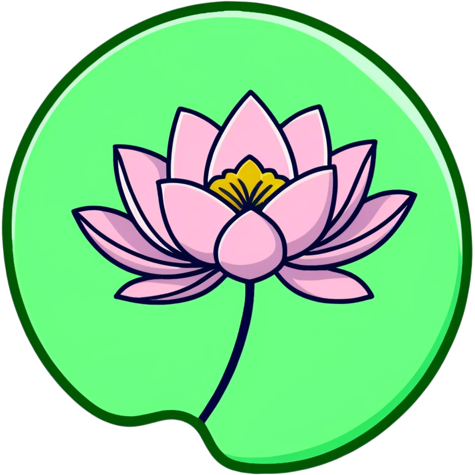 Decorative pink lotus flower with stylized petals, floating on circular green pad with ripples in water emoji