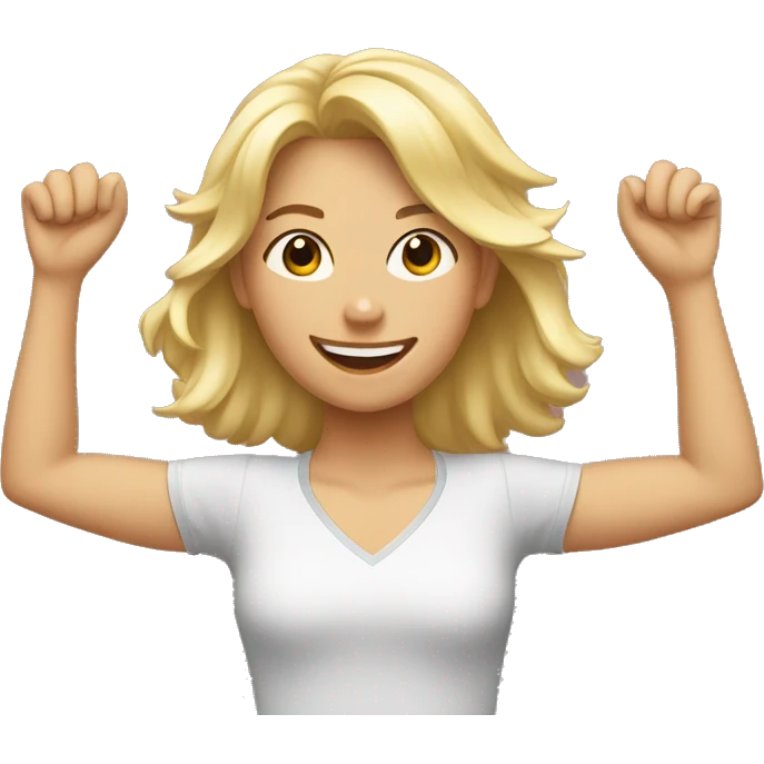 Blonde Girl with both hands in the air. Happy, frontal view above waist only. Enjoying emoji