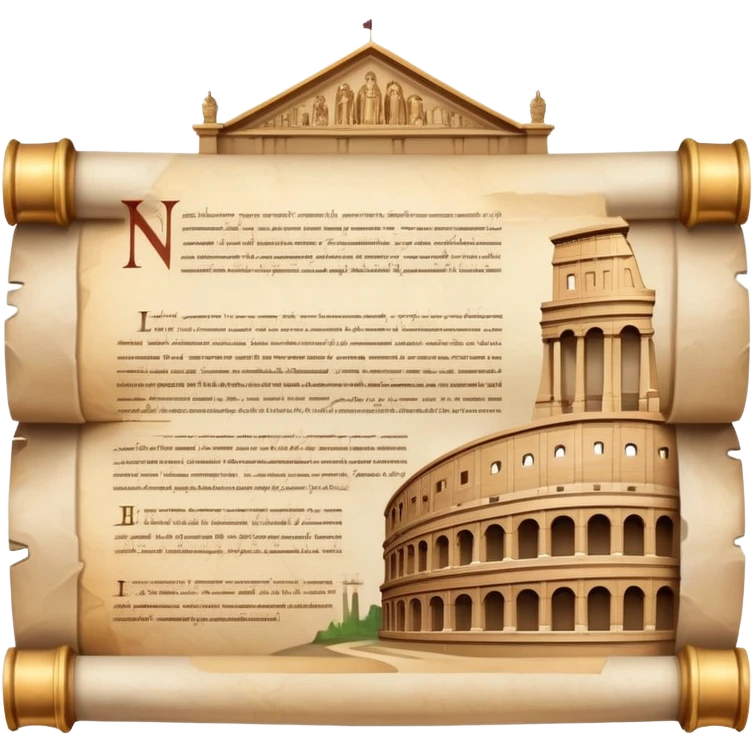 An icon featuring an ancient scroll, surrounded by famous historical landmarks and statues of notable figures, like the Colosseum or Napoleon. The design symbolizes the exploration of history through monuments and people. Transparent background highlights the pas emoji