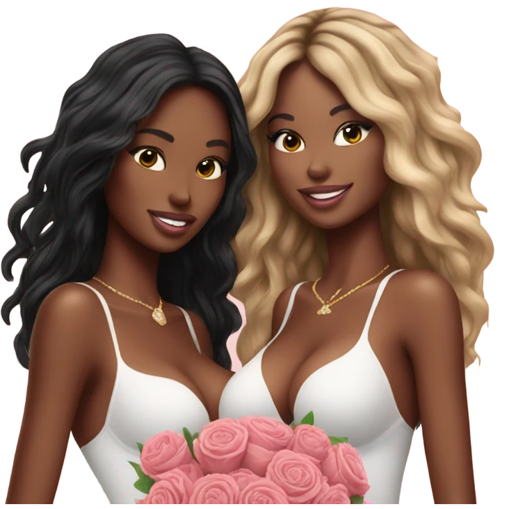 Realistic Photo of 2 Victoria secret models pregnant posing with flowers emoji