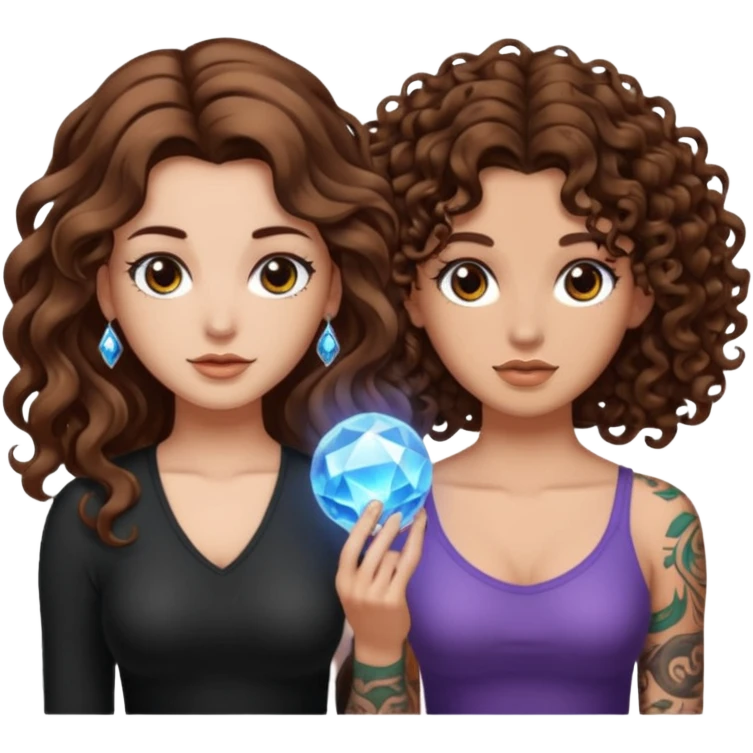 crystal orb realization — long wavy brown hair tattooed woman and short tight curly brown hair woman — glow emoji