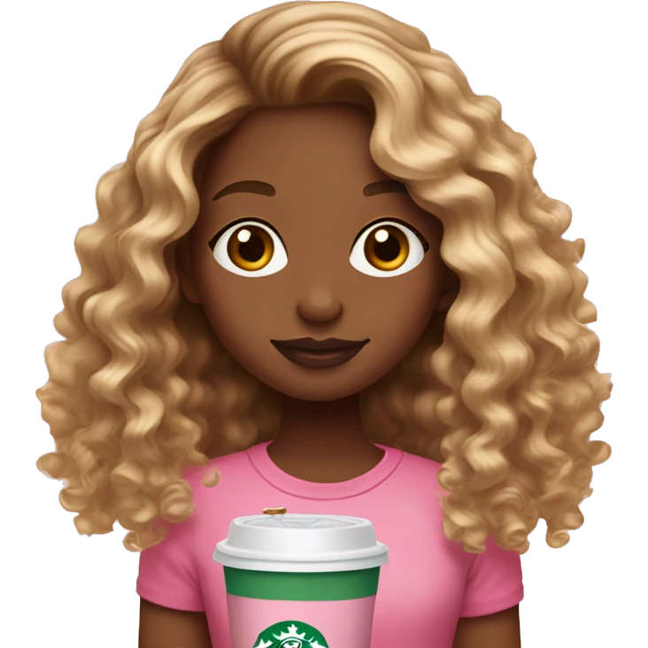 girl with brown and blonde ombré long curly hair holding Pink starbucks refresher emoji