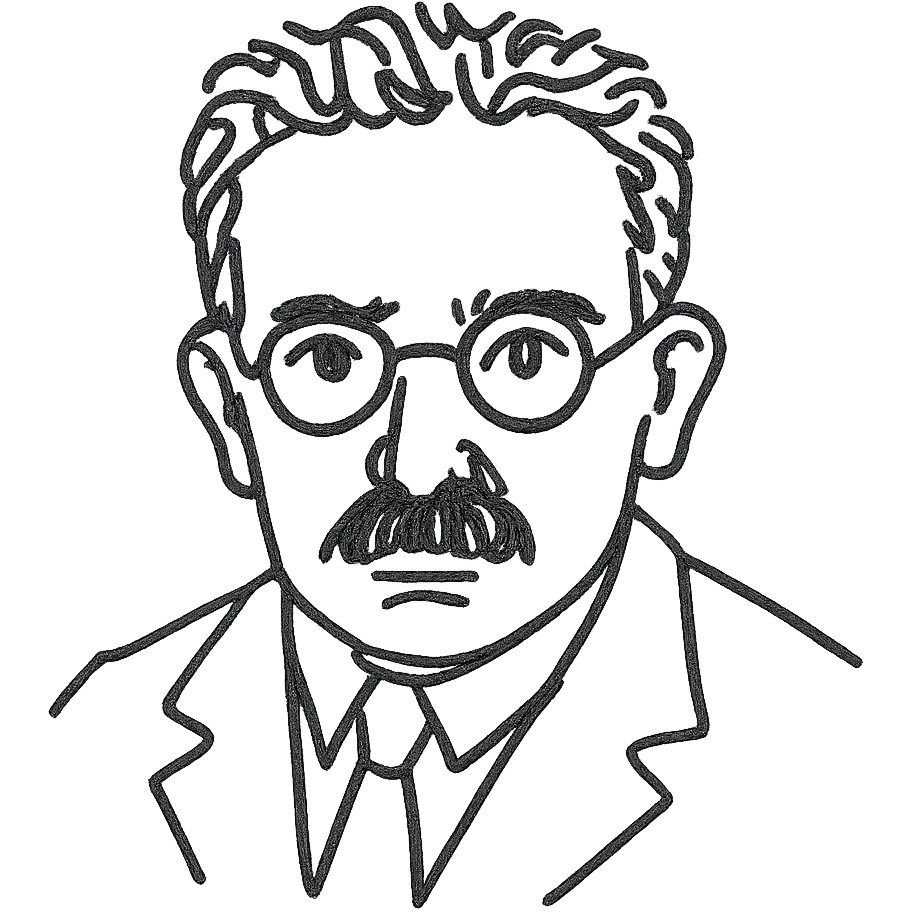 a hand drawn black outline portrait of Walter Benjamin with similar size eyes based a famous photograph of him emoji