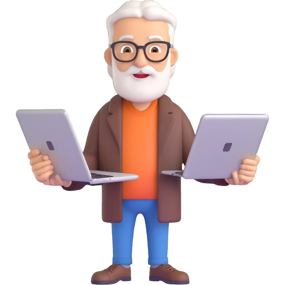 emoji of an older software engineer with a laptop and a tablet emoji