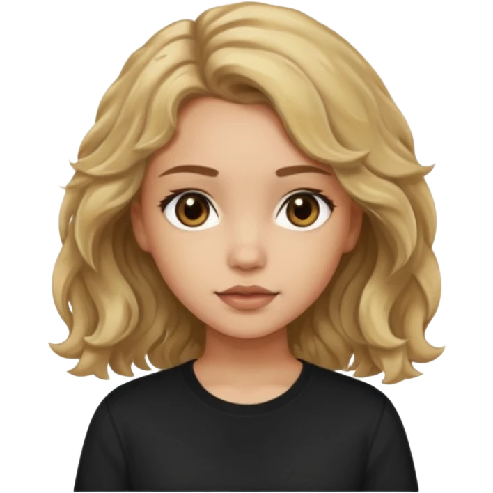 Light skinned girl with dirty blonde wavy hair and deep brown eyes and a black square shirt emoji