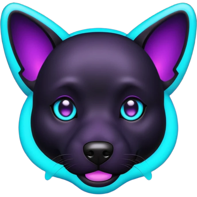 futuristic glowing black dog emoji, neon cyan eyes, purple #8B5CF6 highlights, tech minimal style, dark background emoji