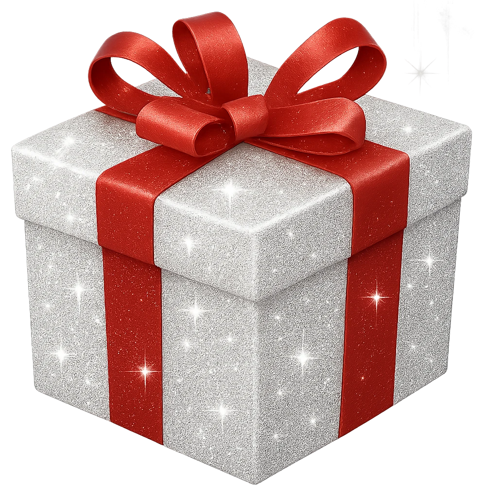 Add sparkles to the white gift box with ribbon. Keep the background transparent. The style is a white gift box with a ribbon and a transparent background. emoji