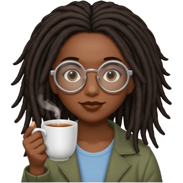 darker skin female with dark dreadlock hair wearing large round glasses sipping a cup of tea with her pinky out emoji