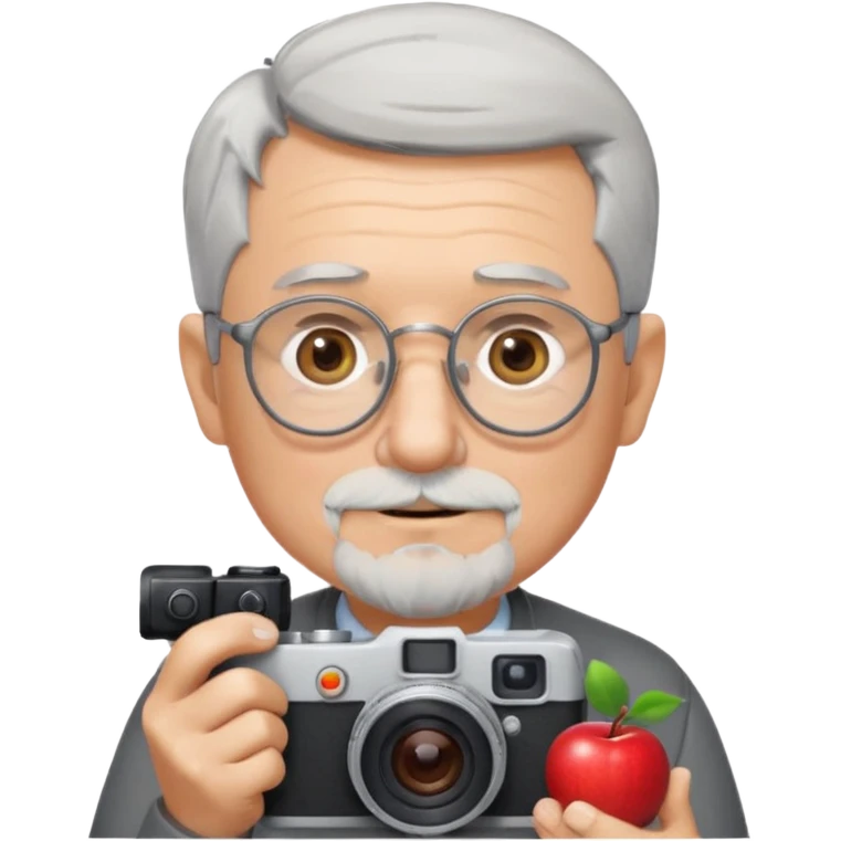 senior man with very short gray hair, very short gray beard, wearing round glasses, holding a camera, Apple emoji style emoji