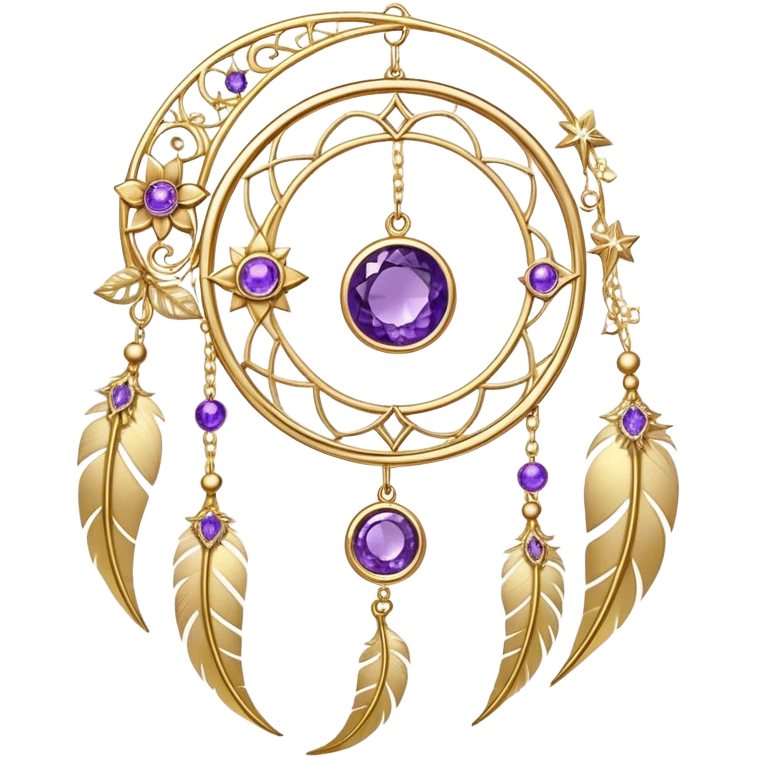 Epic beautiful gorgeous cute gold suncatcher, threads with shiny sparkly amethyst gemstones, flowers, crescents-moons, stars, gold Feathers  emoji