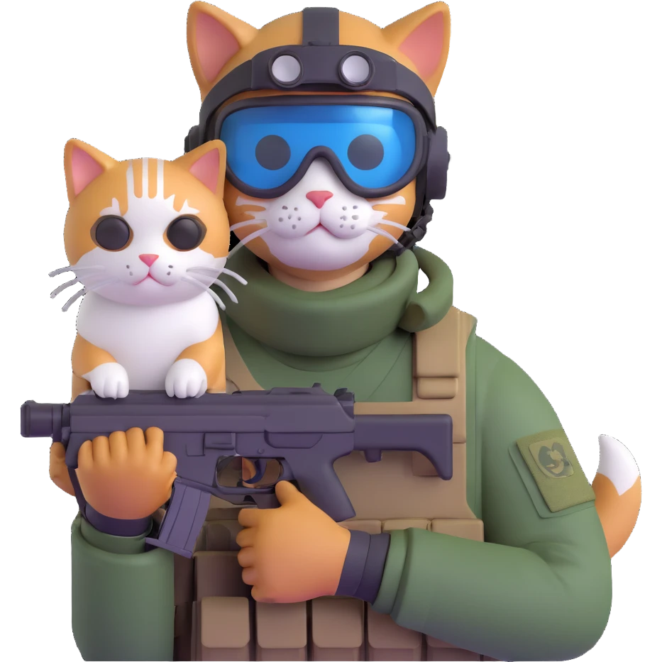 Man in tactical airsoft gear wearing protective goggles on face, holding a gun in one hand and a white and brown cat in the other hand emoji