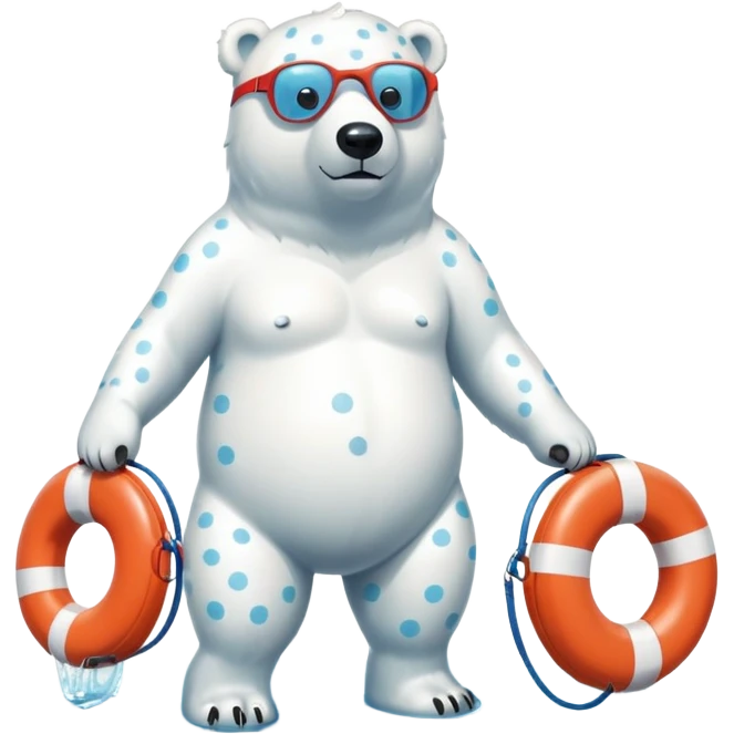 full body friendly anthropomorphised polar bear wearing polka dot swim shorts and swim goggles, standing in a puddle and holding a life buoy emoji