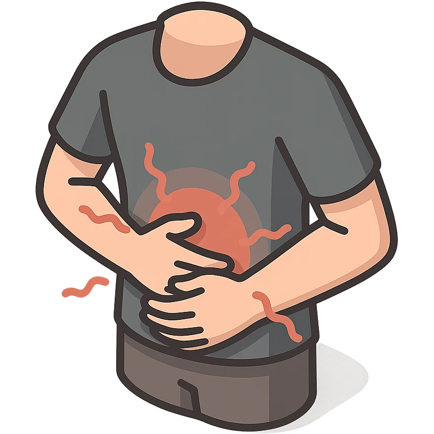 torso of a little person holding a painful stomach, grimacing in pain, pain waves around, 2d isometric style, detailed shadows and highlights, no face below the waist, only torso, stomach, and arms, transparent background emoji
