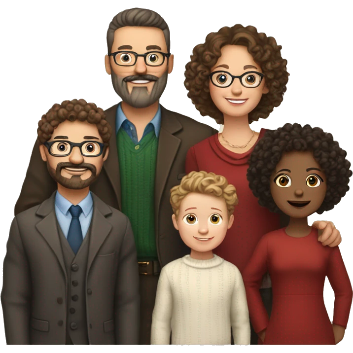 Family of 6 white people, bold head dad, curly dark haired mom,  brown mid long hair daughter, 3 curly light brown hair boys, first with glasses, moustache, 2 other with beard, well dressed for christmas party emoji