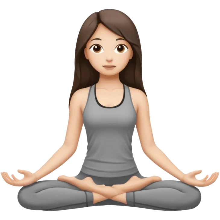 a brunette girl doing yoga, she is wearing a grey fit and she has dark brown long, straight and loose hair.  emoji