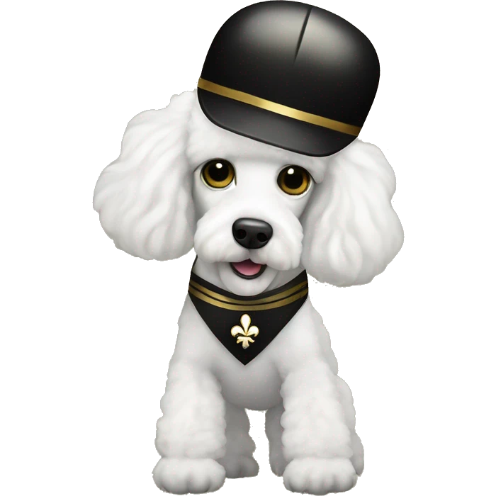 White poodle wearing a black football helmet with gold stripe and gold fleur de lis emblem emoji