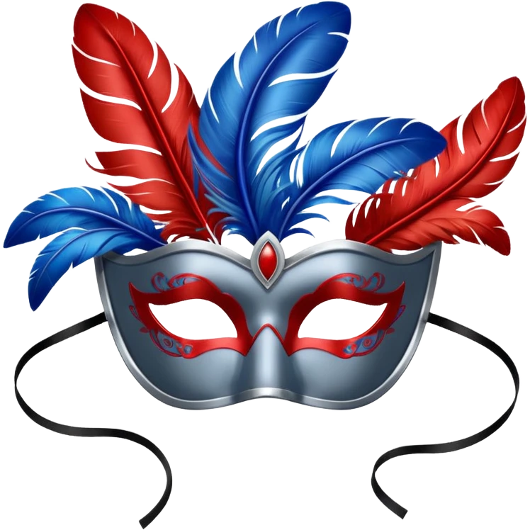 grey masquerade mask  with red and blue feathers emoji