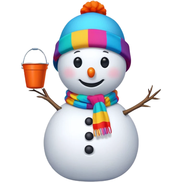 A snowman wearing a colorful scarf and a tiny bucket hat. emoji