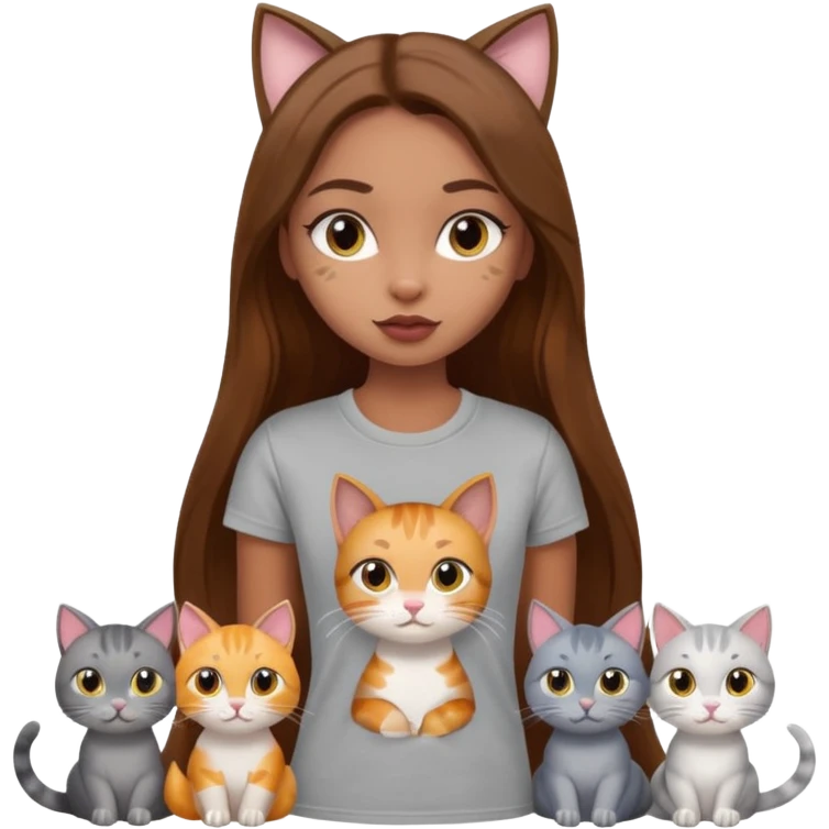 a pretty bratz dusky girl with long brown hair with six cats nd wearing a grey tshirt emoji