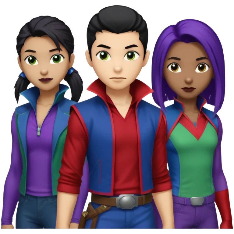 Solo poly platonic relationship, one African girl, one Asian boy, one biracial features Asian tomboy girl rat-tail hair long and upper masculine hair 90s, vampire and marvel cosplay elements inspired  use marvel race, like instead of obvious human, green purple blue etc,  emoji