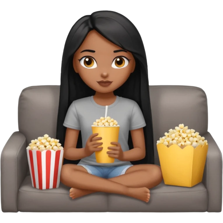 a pretty bratz dusky girl with long straight hair on a couch with popcorn nd wearing a grey tshirt emoji