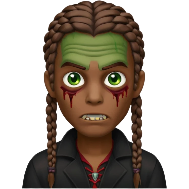 Glued braids men zombie with brown hair color and green eye color, with dark vampire clothes, brown skin emoji