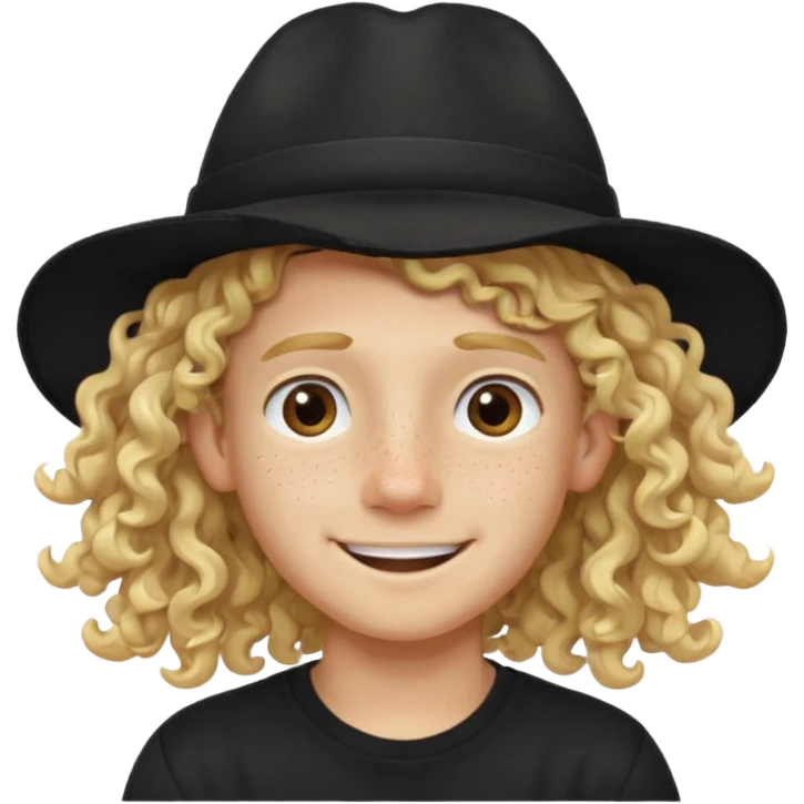 blonde boy with long curly hair past his hears and a LA hat, smiling, wearing a black shirt with freckles emoji