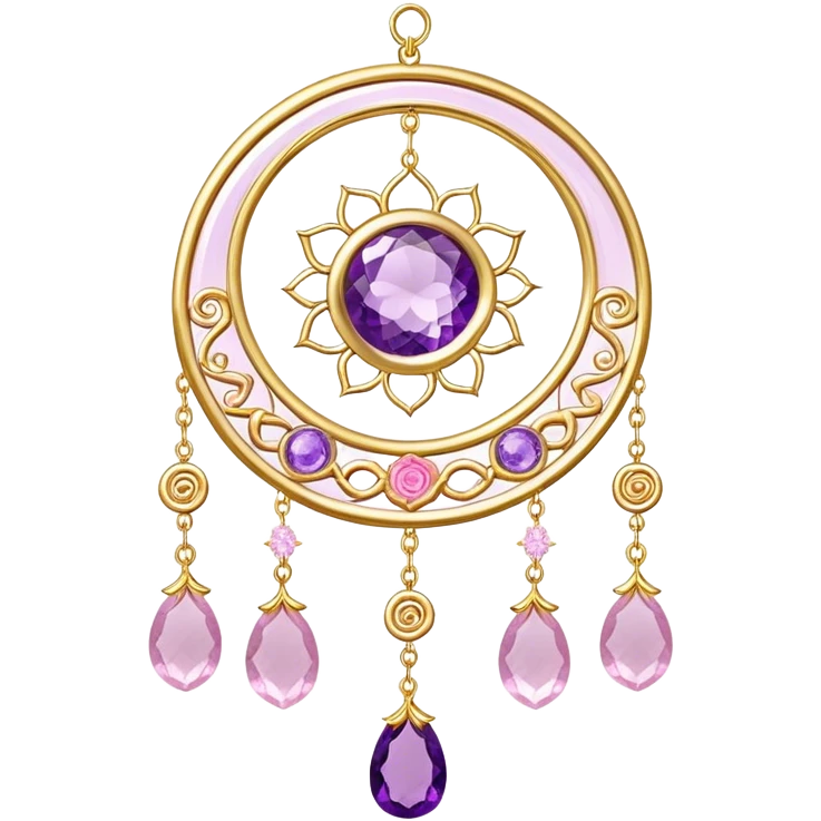 Epic Hanging gold suncatcher, threads with shiny sparkly amethyst and rose-quartz gemstones, flowers, crescents-moons emoji