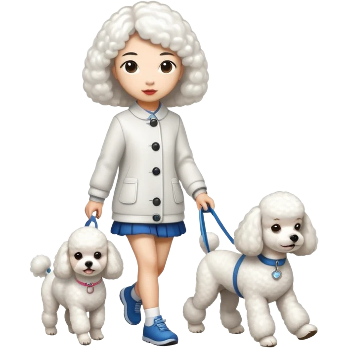 white dog (poodle) walking with owner (asian girl) emoji