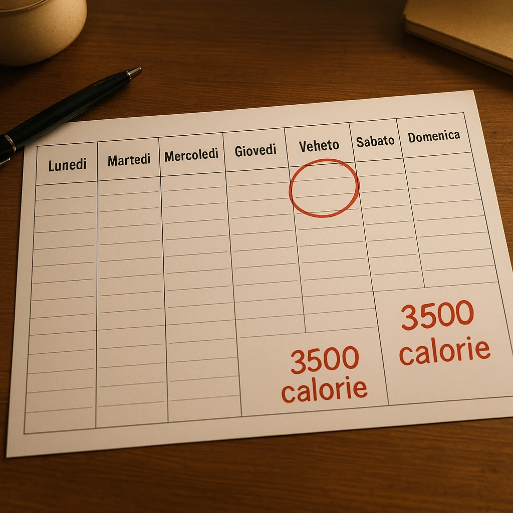 A hyperrealistic weekly calendar viewed from above in Italian, showing days from Monday to Sunday. Friday is circled in red. Below both Saturday and Sunday, the text '3500 calorie' is in red and bold. The image has 4K details and a desk atmosphere. emoji