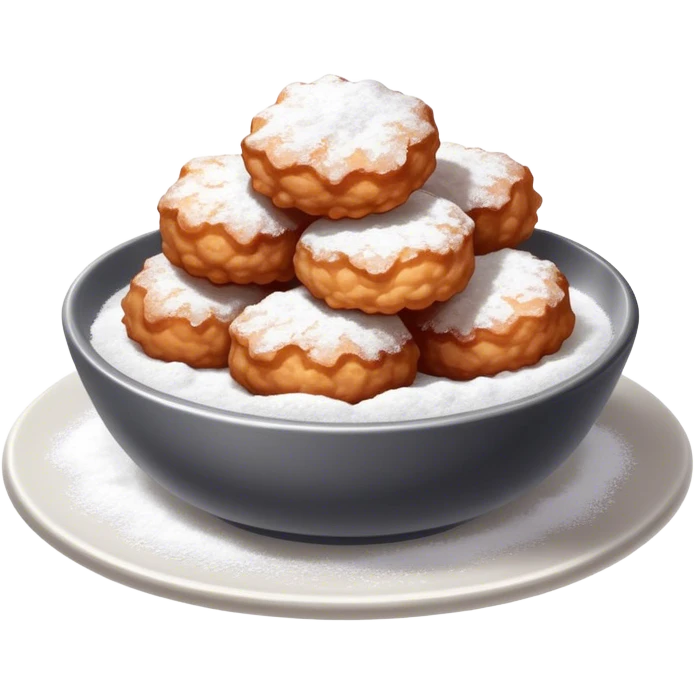 Buñuelo Cinematic Realistic Buñuelo Dessert Emoji, depicted as perfectly round, fluffy fritters served in a small bowl with a dusting of powdered sugar, rendered with vibrant textures and warm, inviting lighting. emoji