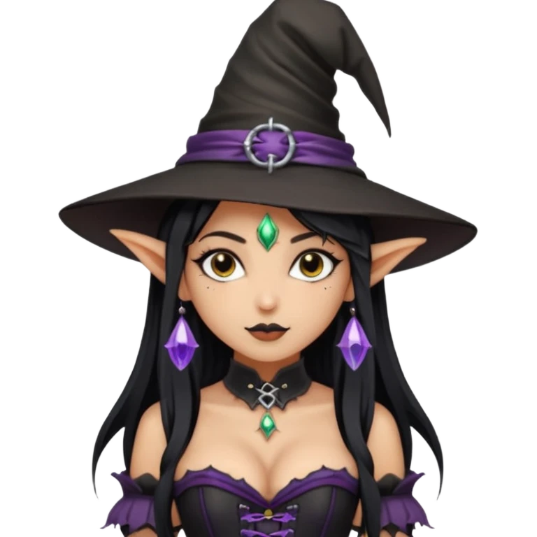 Goth and tan elf girl in witch hat and corset emoji