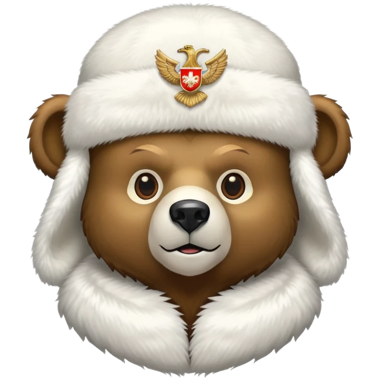 Bear head only in white fur ushanka hat with accurate Russian Federation eagle emblem clearly visible in center, iOS emoji style emoji